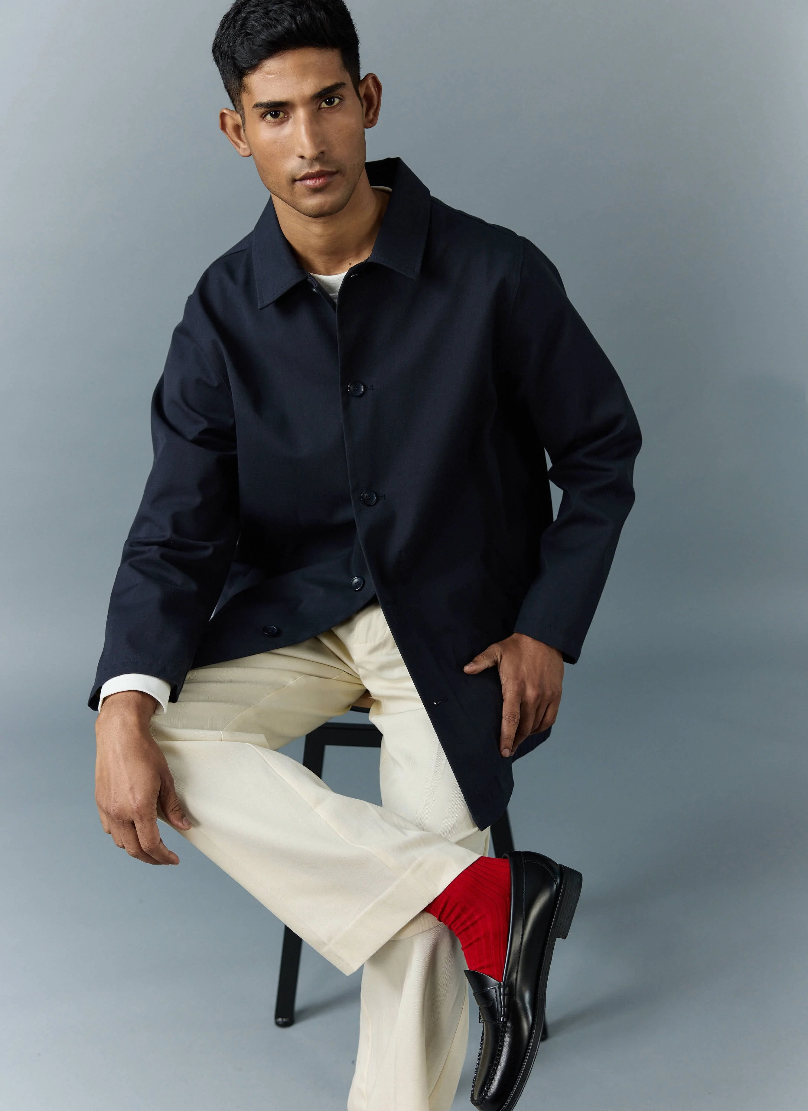 Men's Navy Sherlock Short Trench Coat | Waterproof | Midnight with Olive - Image 5